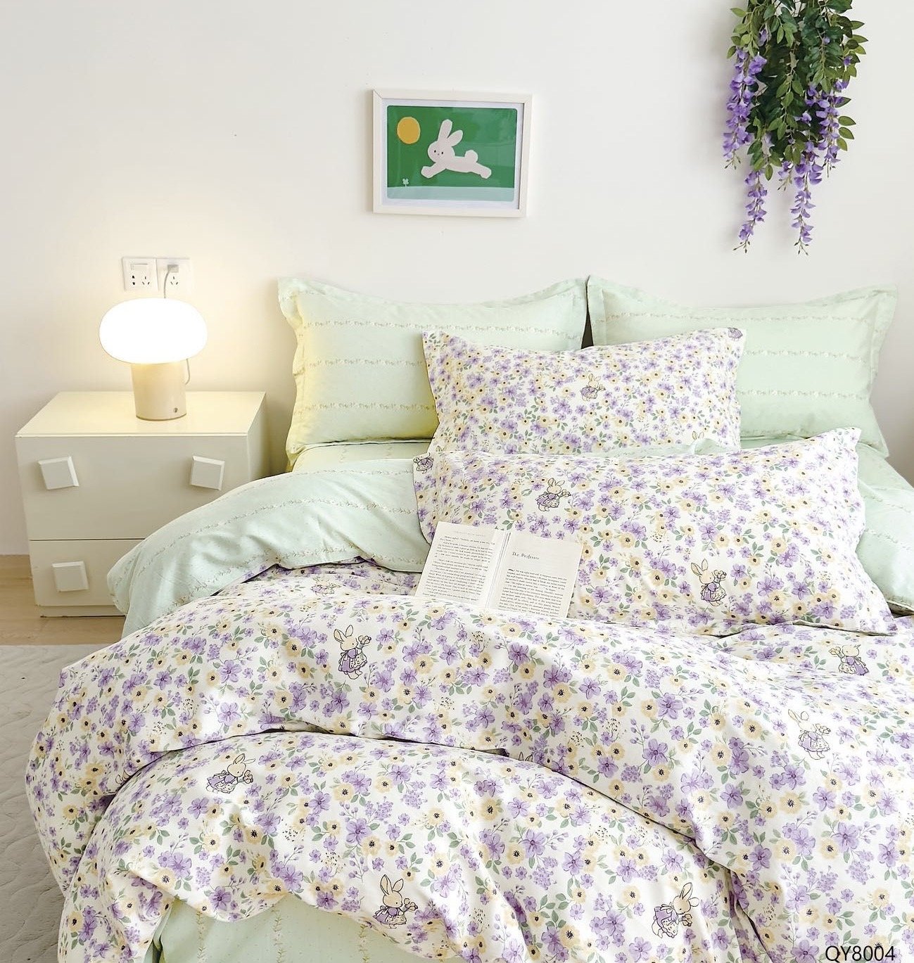 Lenjerie Bumbac 100%, 4 Piese, Pat Dublu, cu Elastic, Floricele-P7876