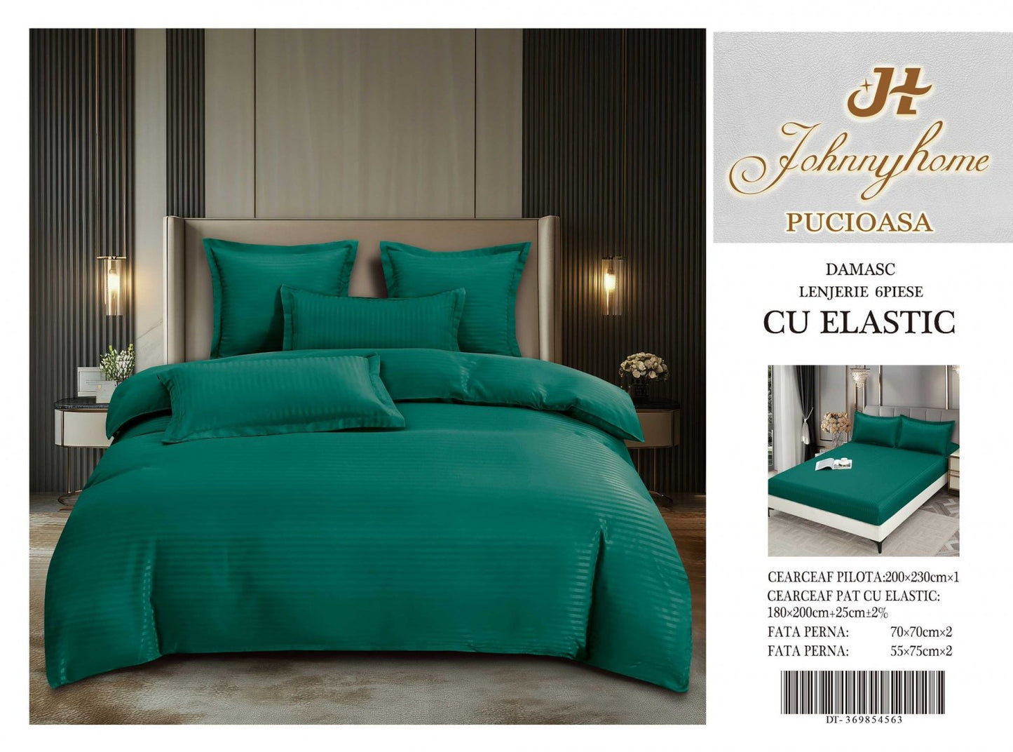 Lenjerie Bumbac Damasc 6 Piese cu Elastic, Verde Smarald-H8273