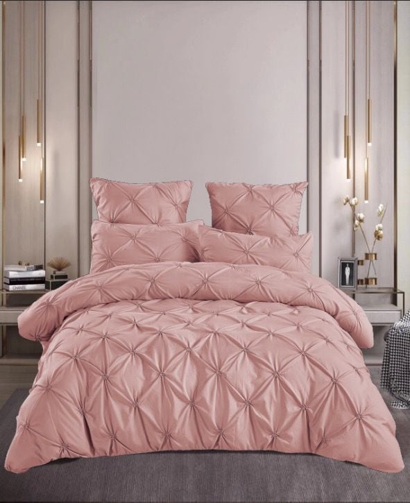 Lenjerie Bumbac Premium 6 Piese cu Pliuri Brodate, Roz Inchis-M8196
