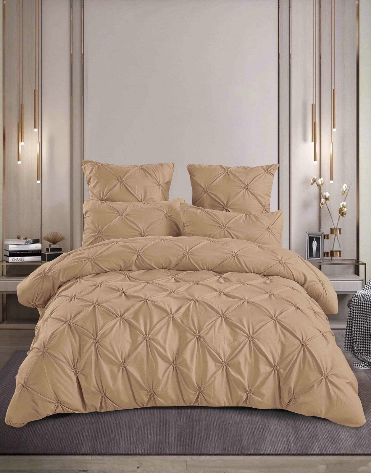 Lenjerie Bumbac Premium 6 Piese cu Pliuri Brodate, Cappuccino-M8194