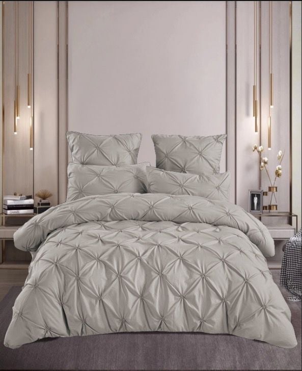 Lenjerie Bumbac Premium 6 Piese, cu Pliuri Brodate, Gri Deschis-M4487