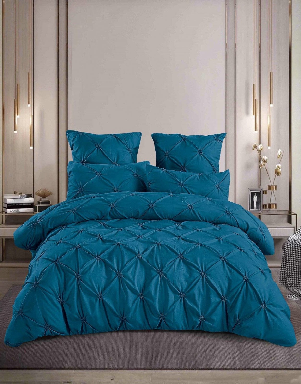 Lenjerie Bumbac Premium 6 Piese, cu Pliuri Brodate, Turcoaz-M4486