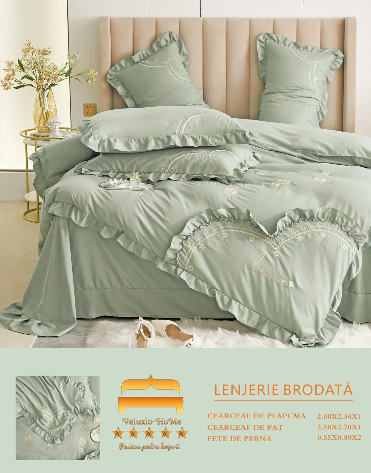 Lenjerie Bumbac Finetat Premium 4 Piese cu Volanase si Broderie, Kaki-M6220