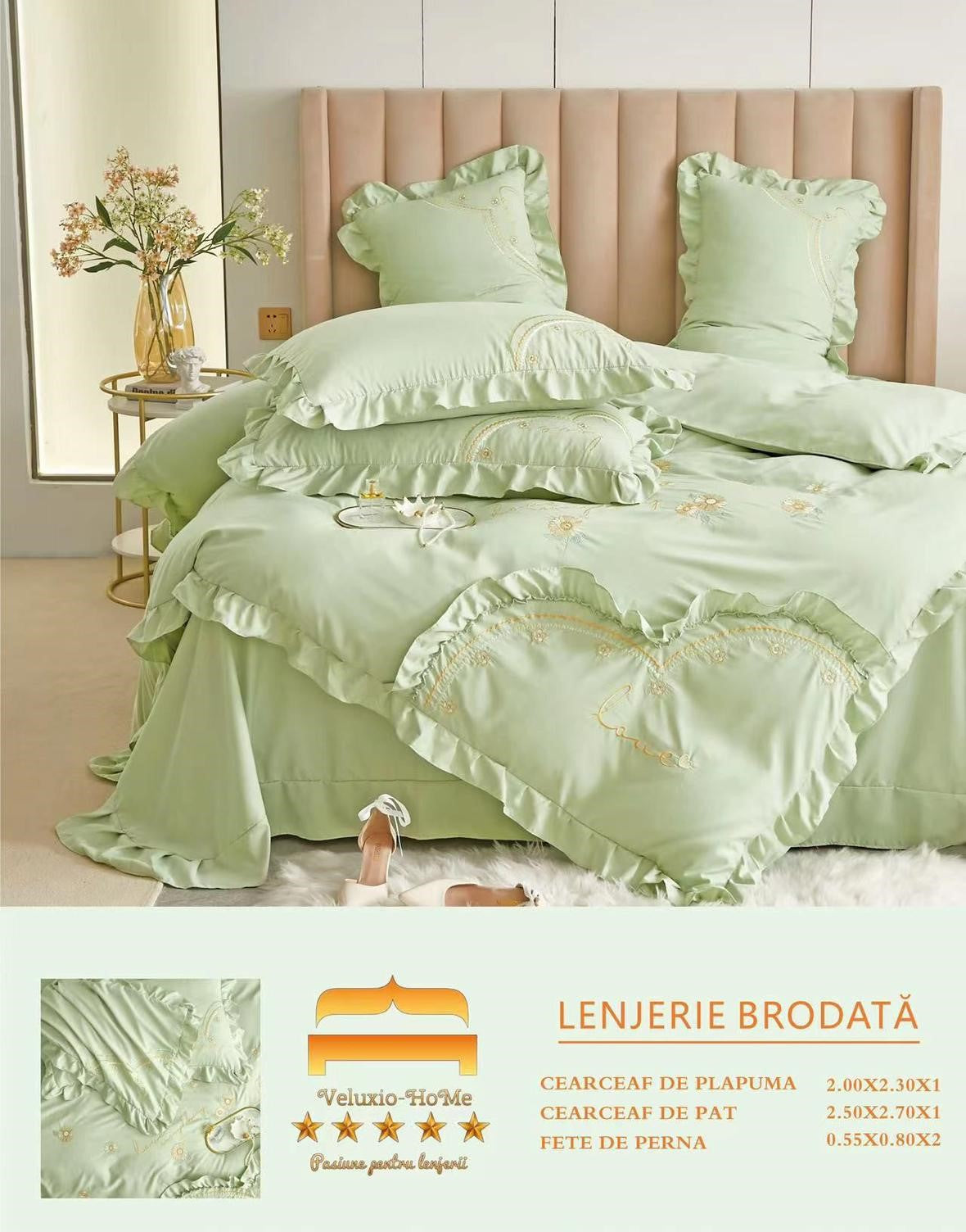 Lenjerie Bumbac Finetat Premium 4 Piese cu Volanase si Broderie, Verde-M6215