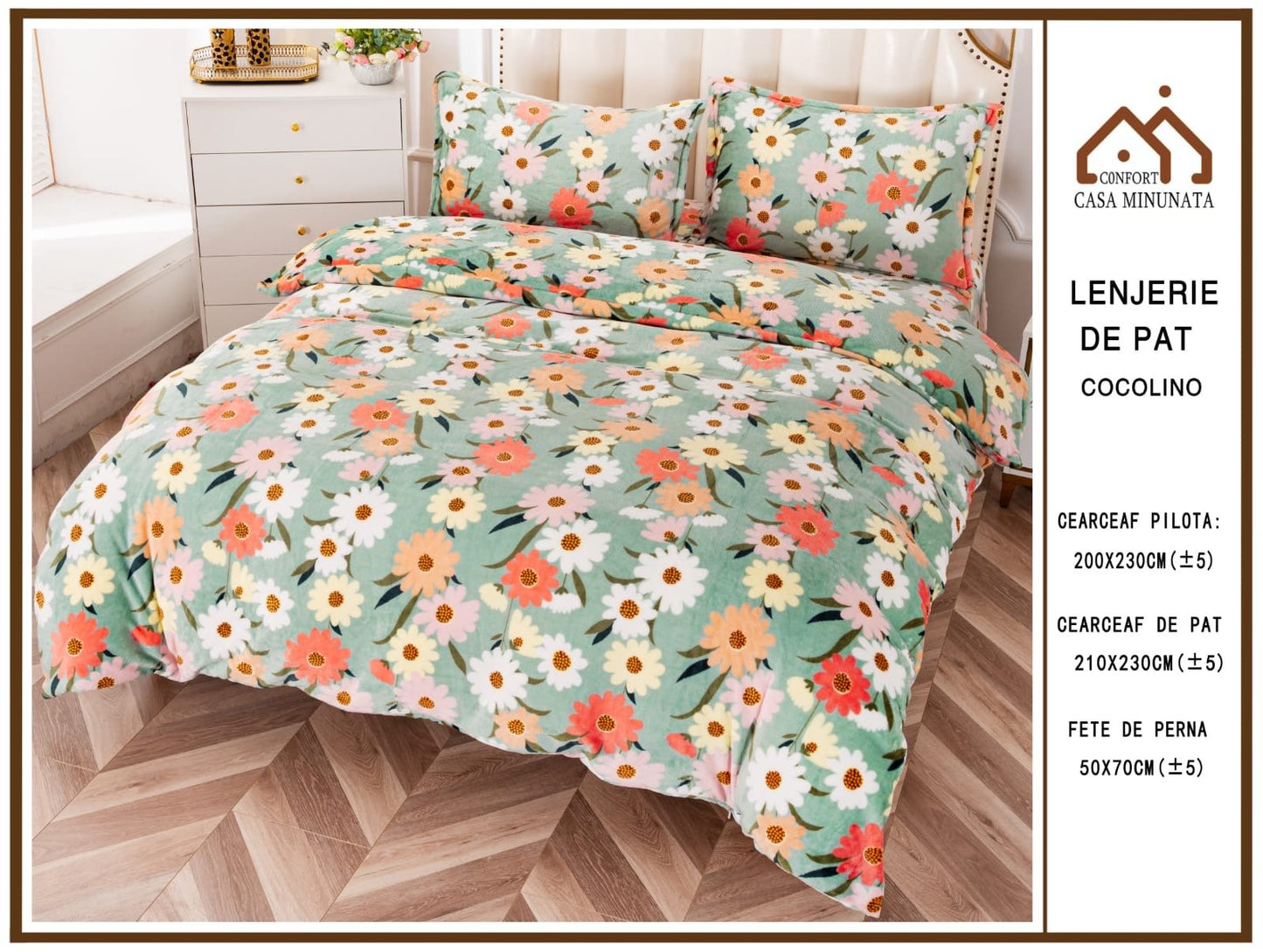 Lenjerie Cocolino Pufoasa, Pat Dublu, 4 Piese, Verde/Flori-P6799
