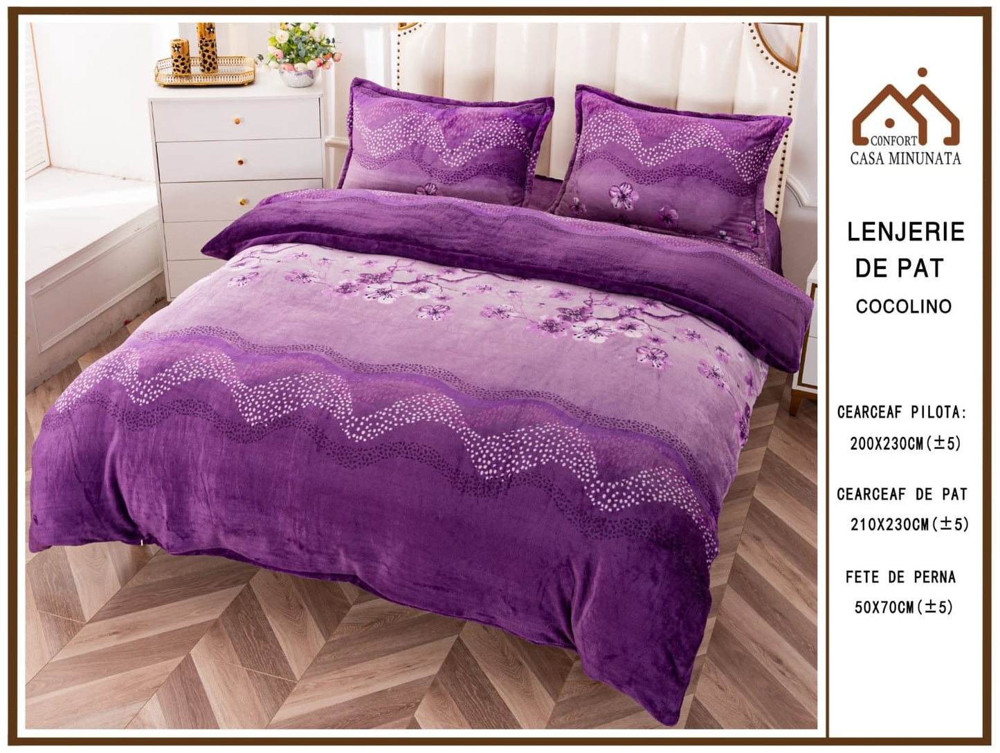 Lenjerie Cocolino Pufoasa, Pat Dublu, 4 Piese, Mov/Flori-P6801