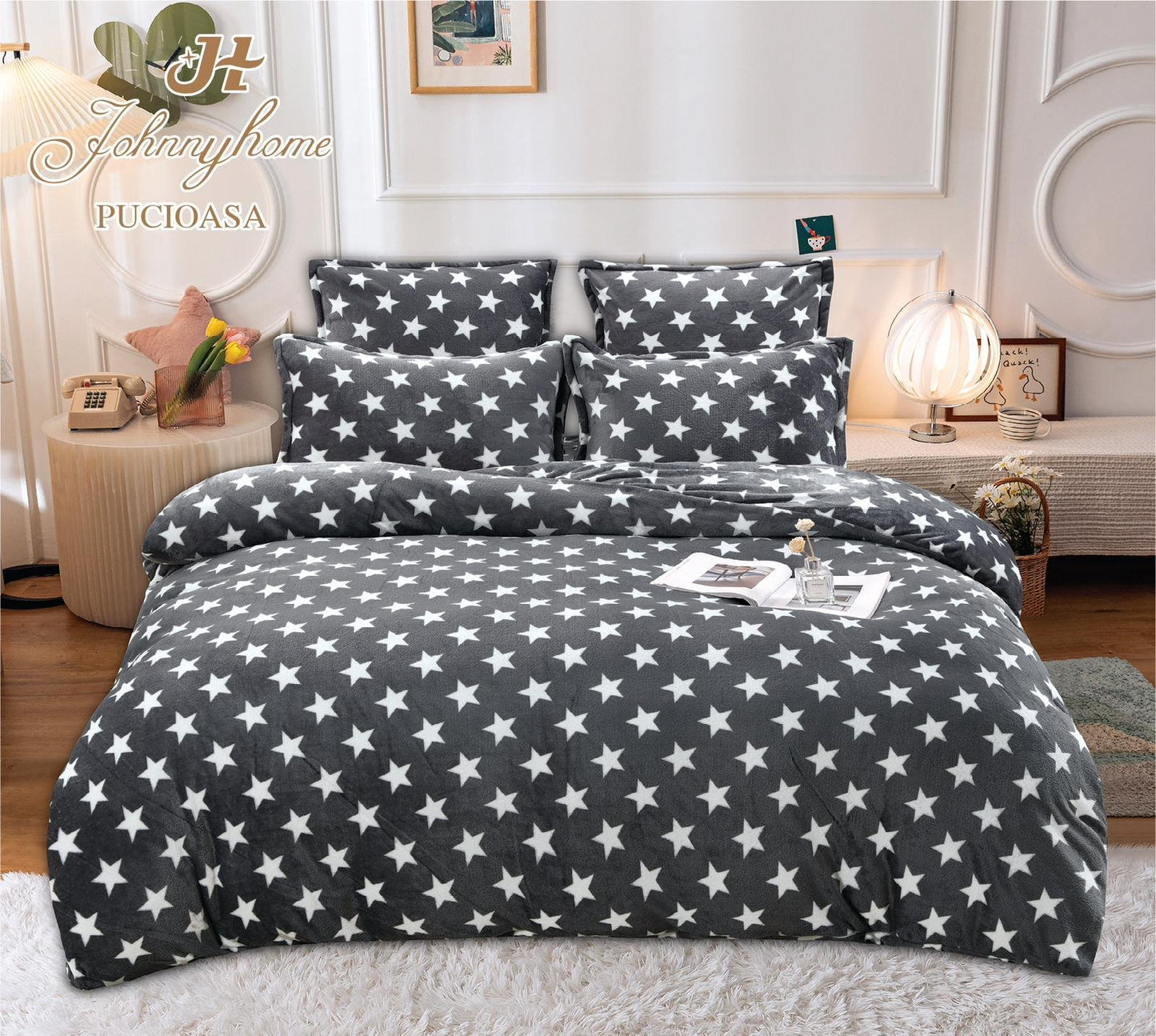 Lenjerie Cocolino Pufoasa, Pat Dublu, cu 6 Piese, Gri/Stelute-H6674