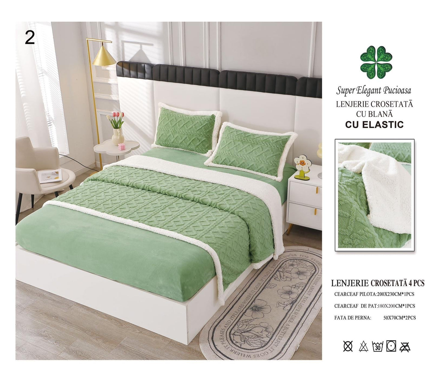 Lenjerie Cocolino Tip Tricotaj, cu Blanita, 4 Piese, cu Elastic, Verde Deschis-V5536