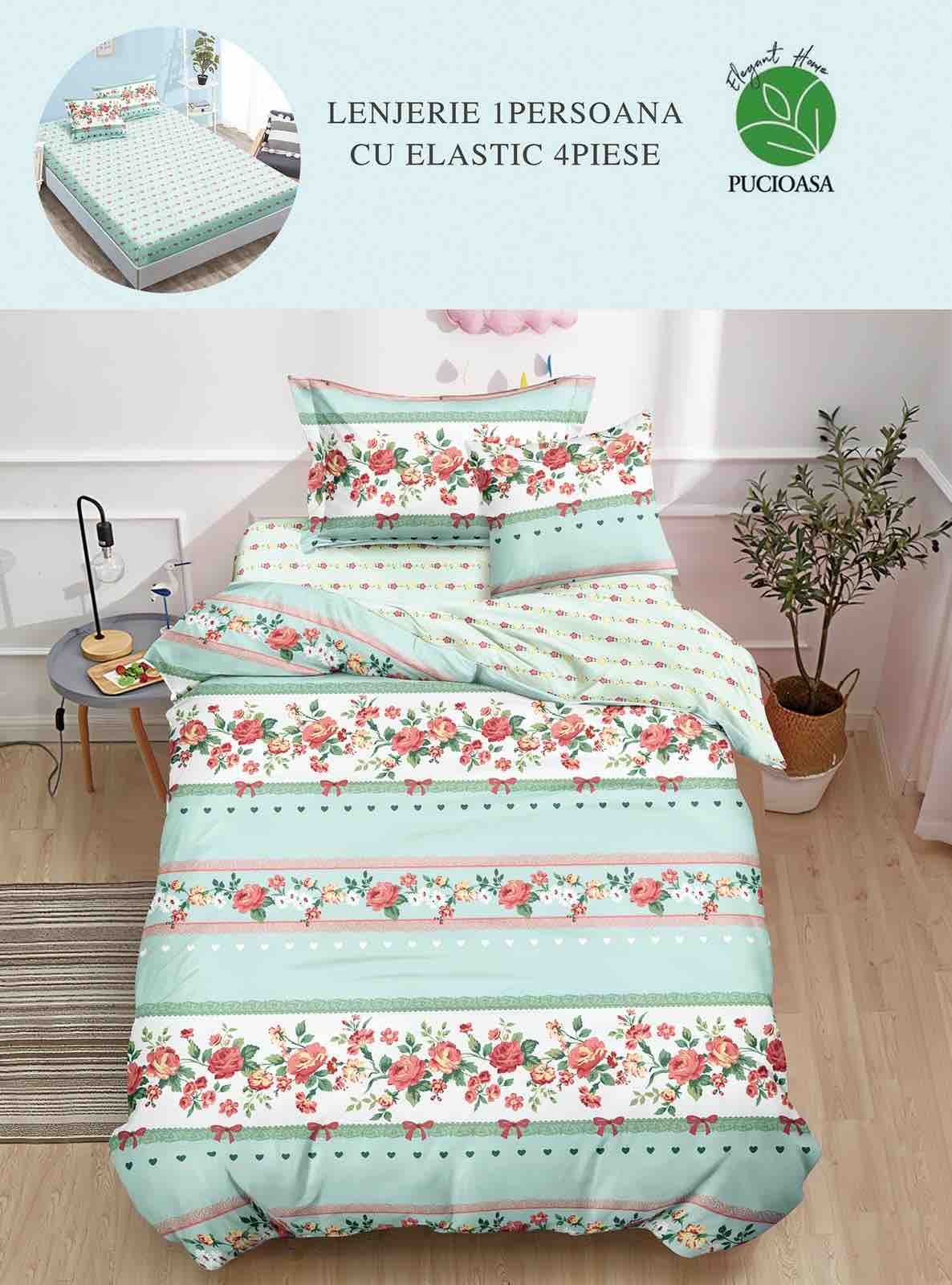 Lenjerie Finet 4 Piese 1 Persoana, cu Elastic, Floricele/Fundite-H7394