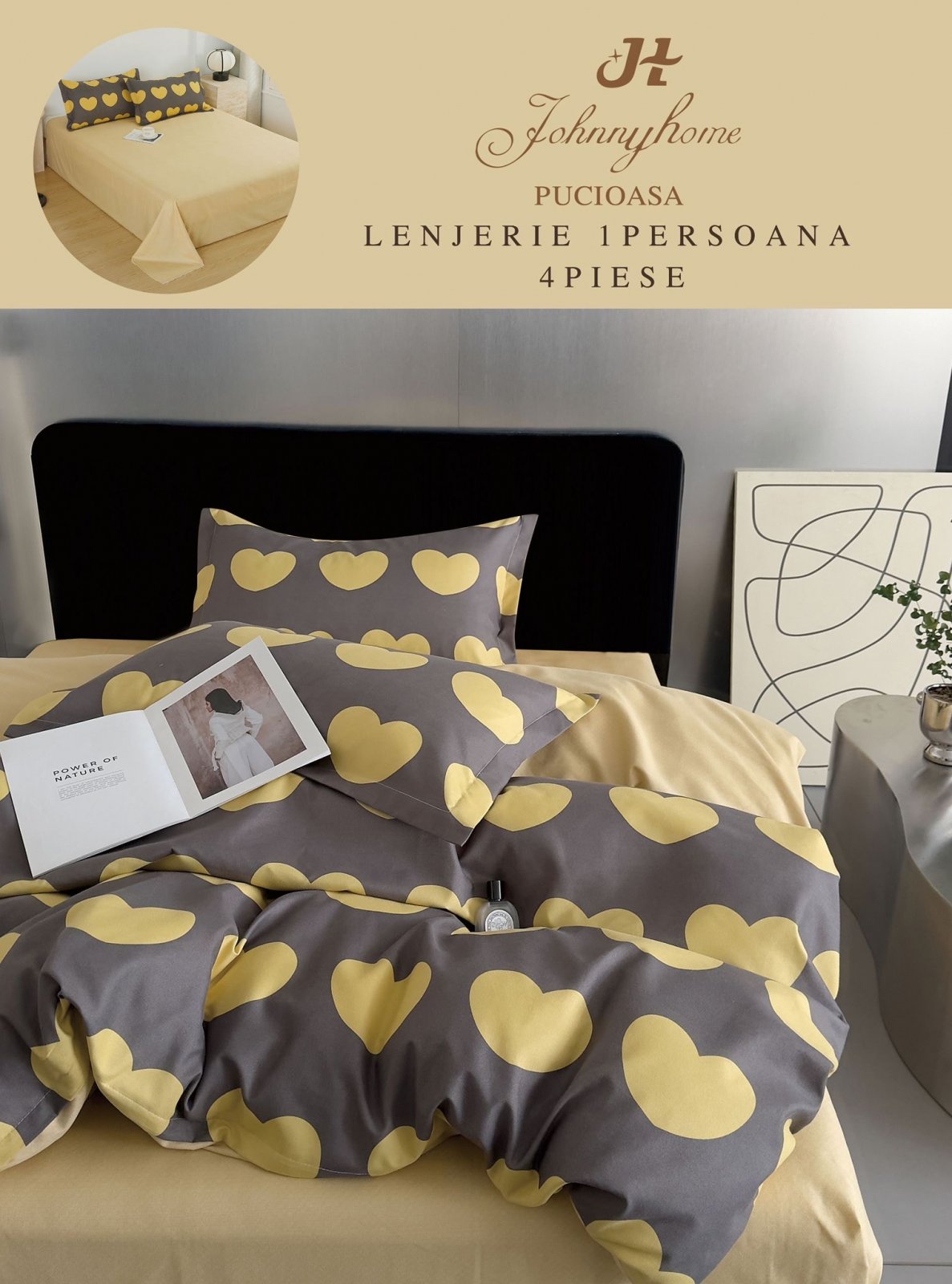 Lenjerie Finet 4 Piese 1 Persoana, Gri/Inimioare-H7203
