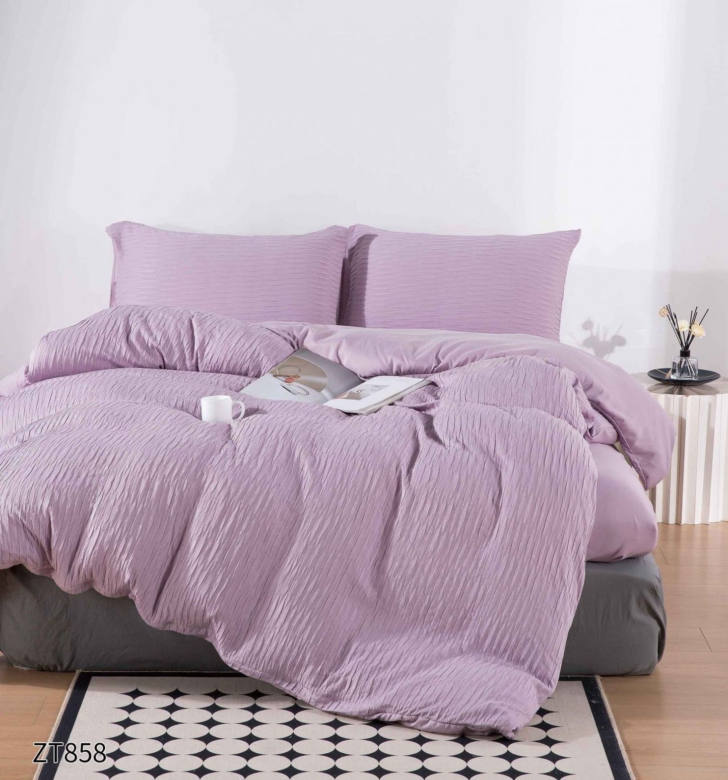 Lenjerie Pat Dublu din Finet Creponat, 4 Piese, cu Elastic, Lila-P7877