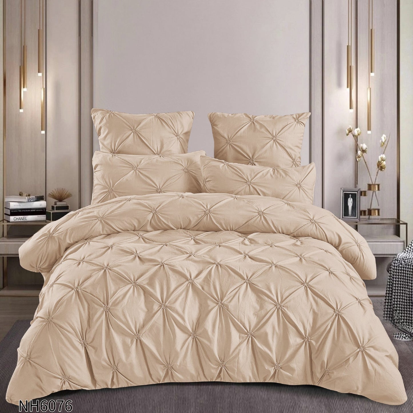 Lenjerie Finet Premium 6 Piese, cu Elastic si Pliuri Brodate, Bej Deschis-P8057