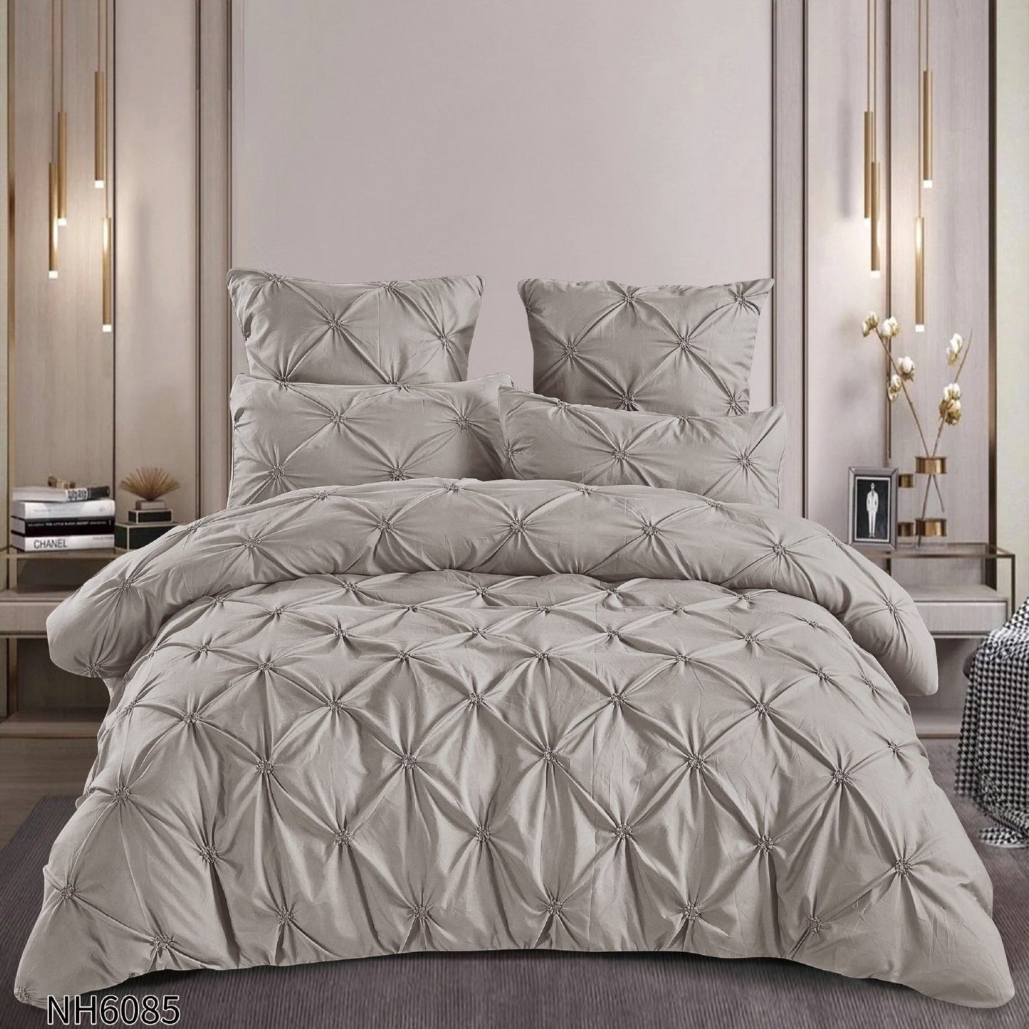 Lenjerie Finet Premium 6 Piese, cu Elastic si Pliuri Brodate, Gri Deschis-P8053