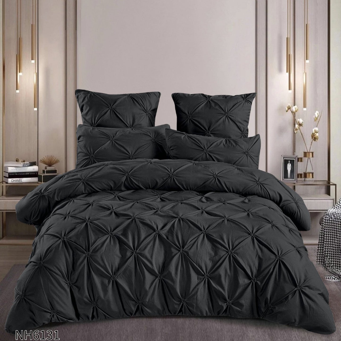 Lenjerie Finet Premium 6 Piese, cu Elastic si Pliuri Brodate, Negru-P8054