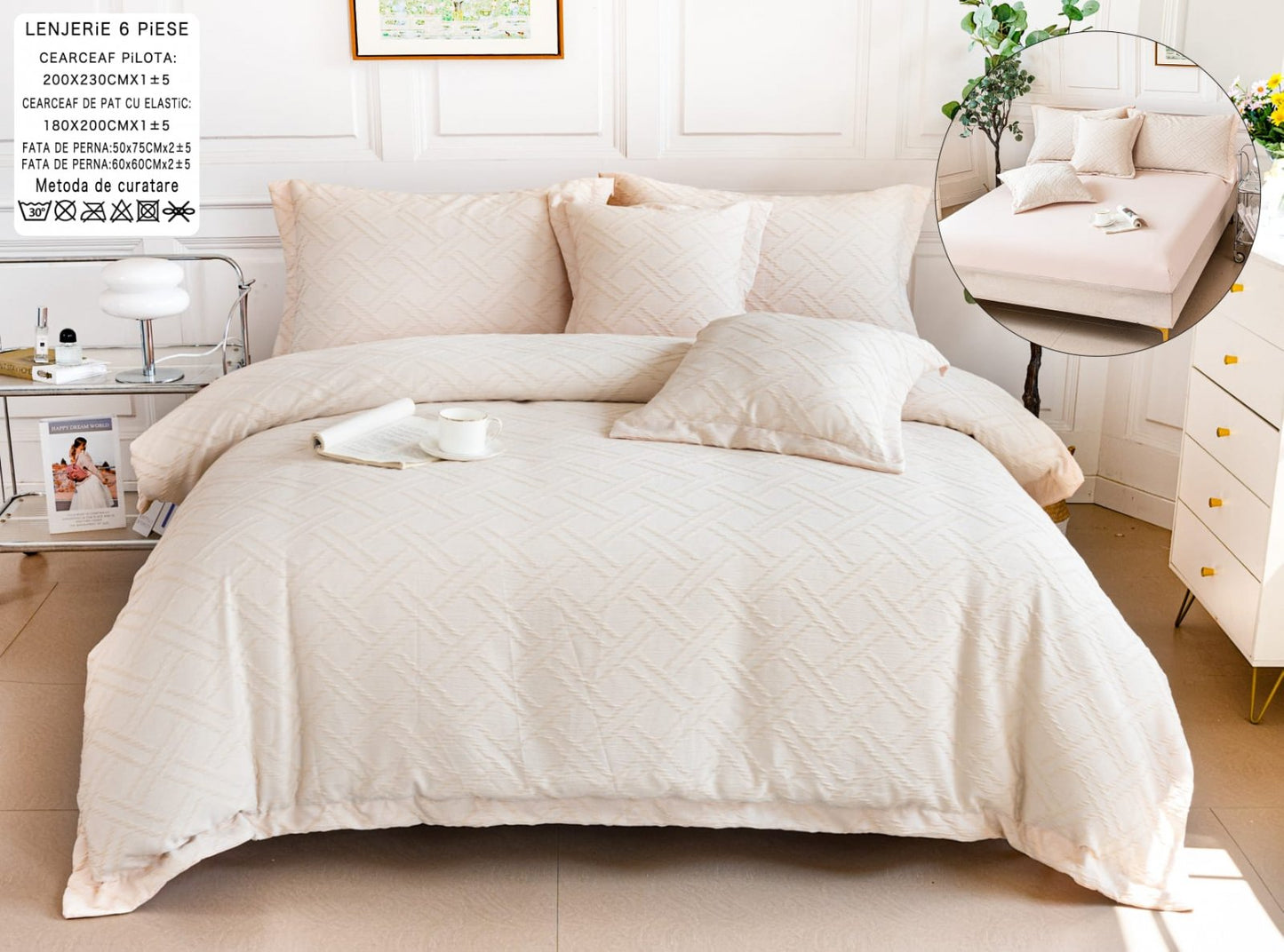 Lenjerie Pat Dublu cu Elastic din Bumbac Fin Grofat, cu 6 Piese, Crem-P6556
