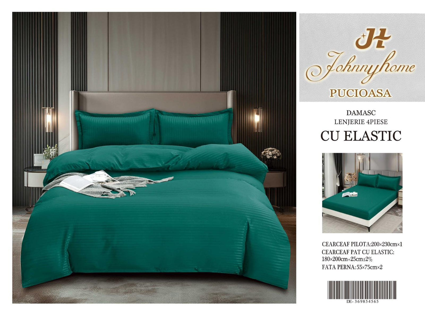 Lenjerie Pat Dublu din Bumbac Damasc, 4 Piese cu Elastic, Verde Smarald-H8285