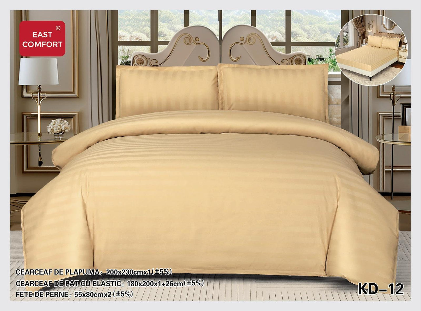 Lenjerie Pat Dublu din Bumbac Damasc, 4 Piese cu Elastic, Model Dungat, Bej Deschis-D7725