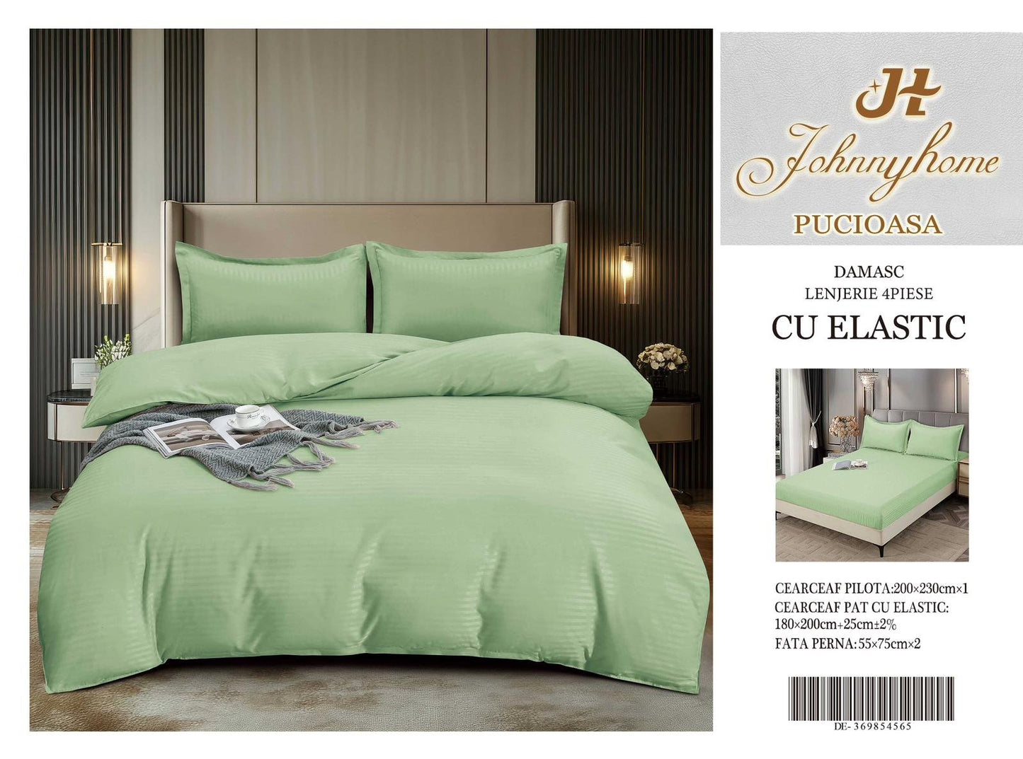 Lenjerie Pat Dublu din Bumbac Damasc, 4 Piese cu Elastic, Verde Deschis-H8281
