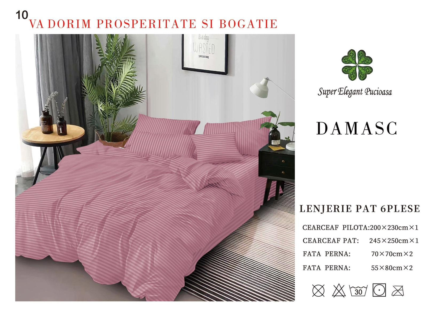 Lenjerie Pat Dublu din Bumbac Damasc, cu 6 Piese, Roz Inchis-P7034