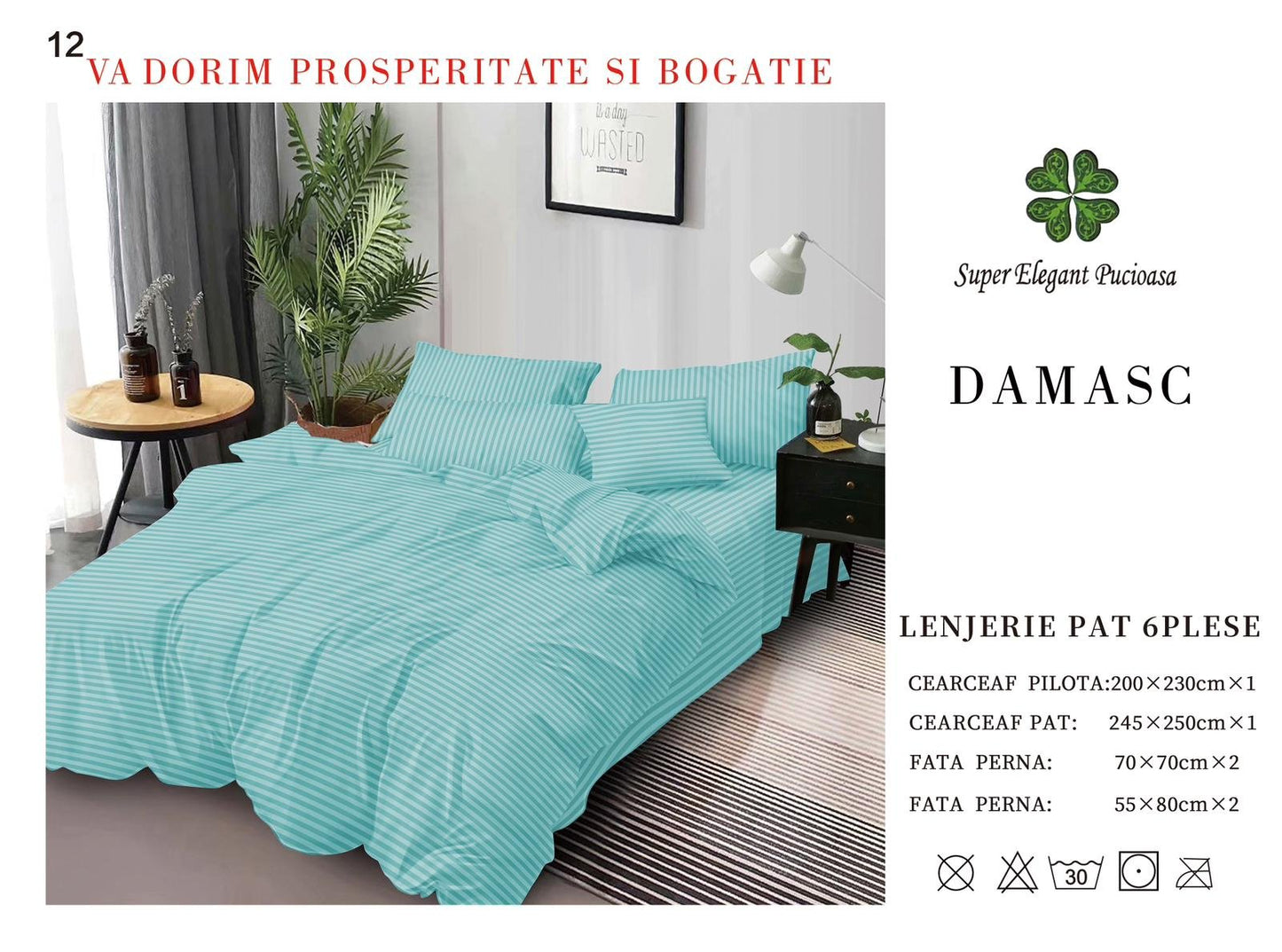 Lenjerie Pat Dublu din Bumbac Damasc, cu 6 Piese, Vernil-P7037