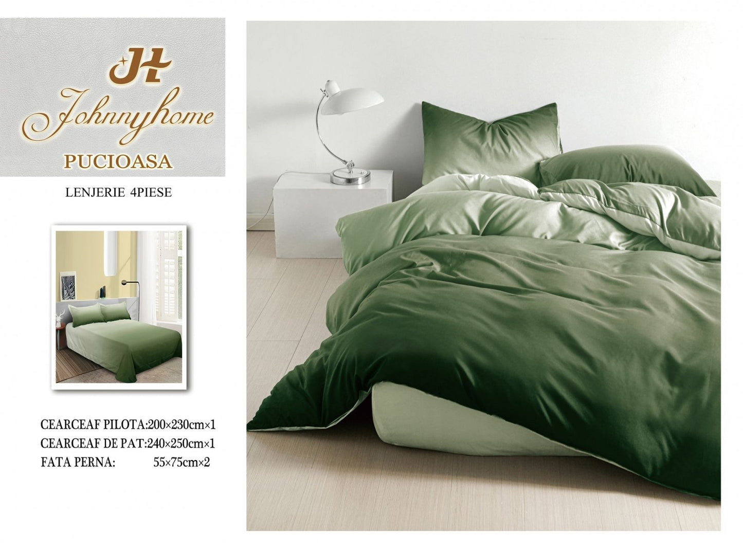 Lenjerie Pat Dublu din Bumbac Satinat Superior cu 4 Piese, Verde Degrade-H7606
