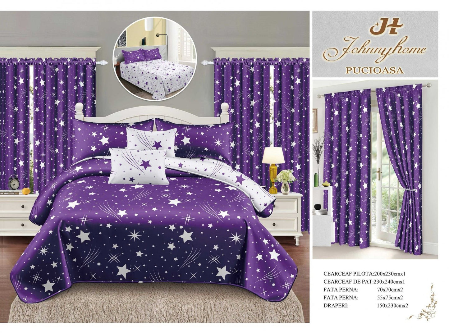 Lenjerie Pat Dublu din Finet, 6 Piese + 2 Draperii, Mov/Stelute-H6870