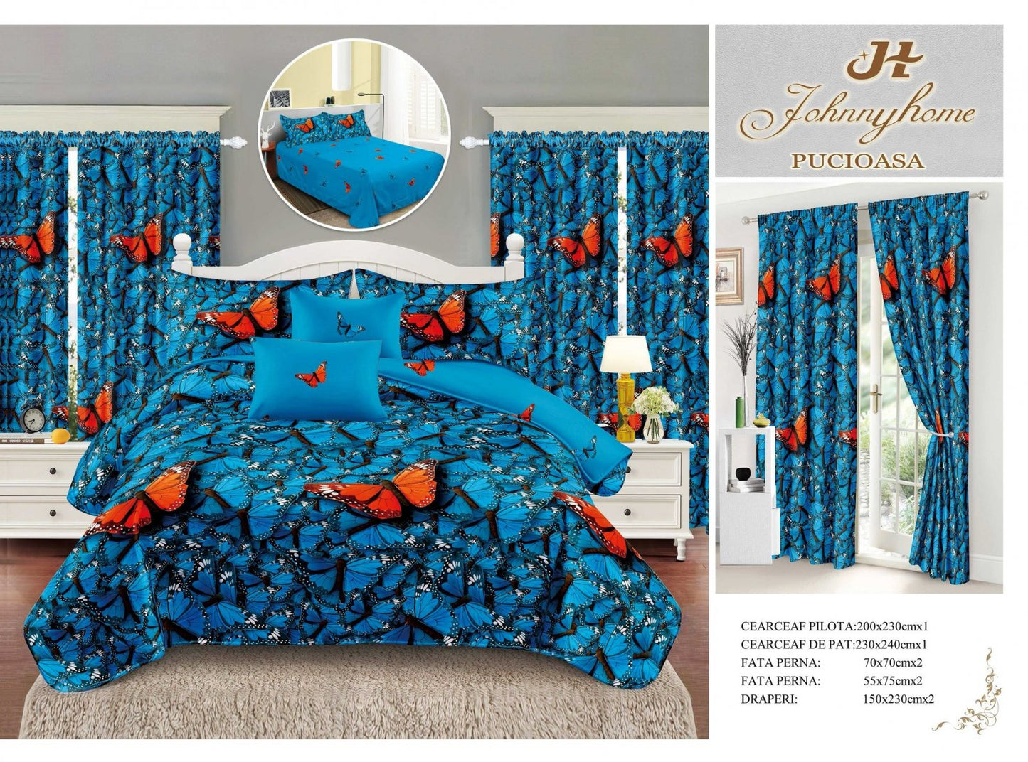 Lenjerie Pat Dublu din Finet, 6 Piese + 2 Draperii, Fluturi-H7797