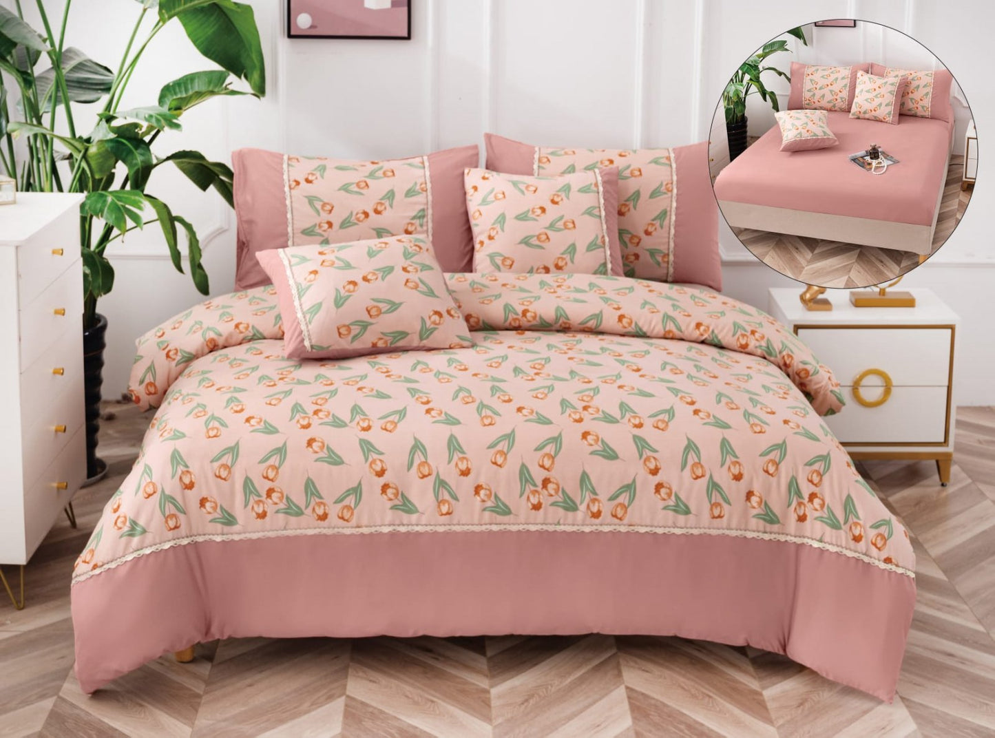 Lenjerie Pat Dublu din Finet 6 Piese, cu Elastic, Roz/Lalele-P6496