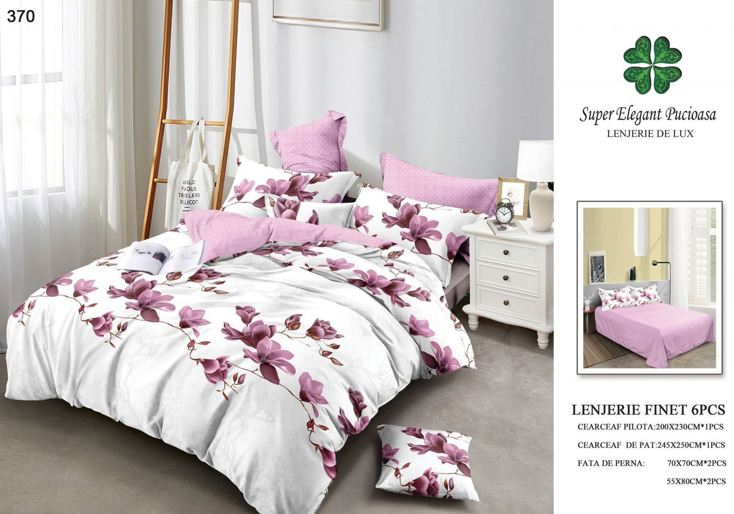 Lenjerie Pat Dublu, Finet, 6 Piese, Alb/Roz/Magnolie-P7052