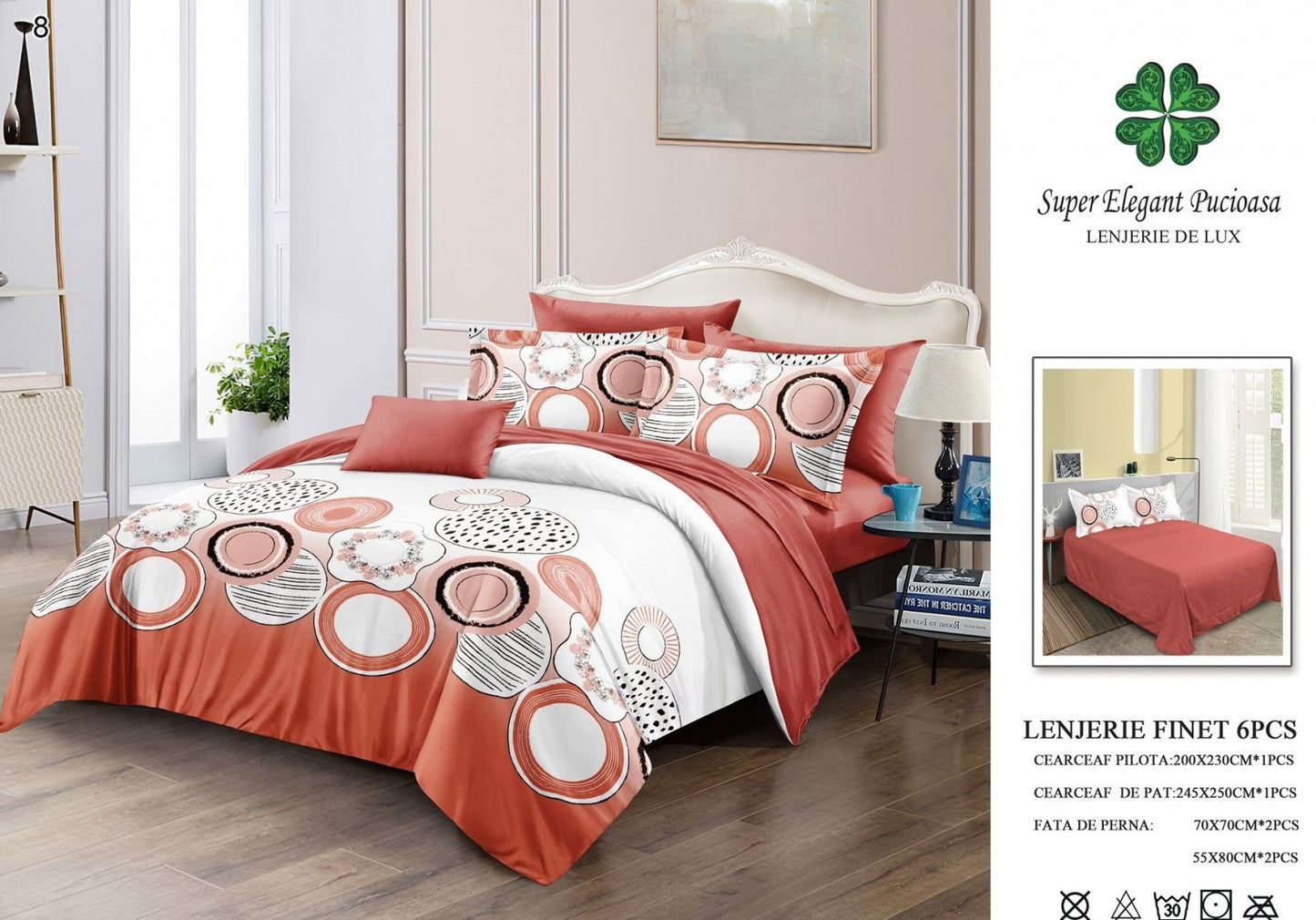 Lenjerie Pat Dublu, Finet, 6 Piese, Alb/Portocaliu/Cercuri-P7053