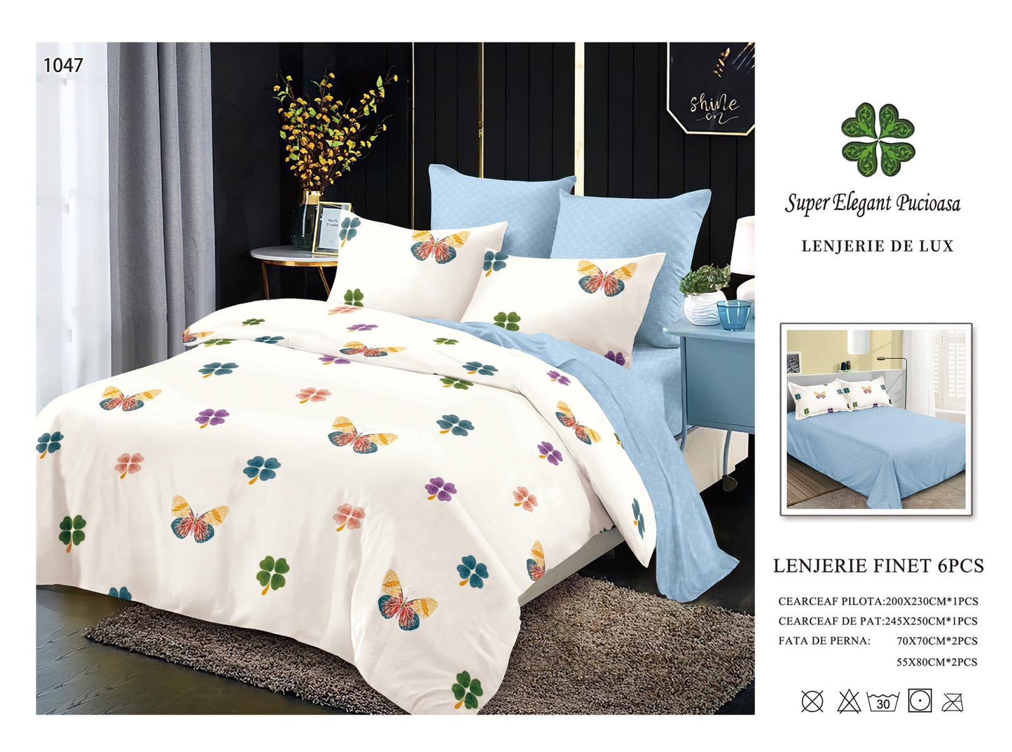 Lenjerie Pat Dublu, Finet, 6 Piese, Crem/Bleu/Fluturi-P6973
