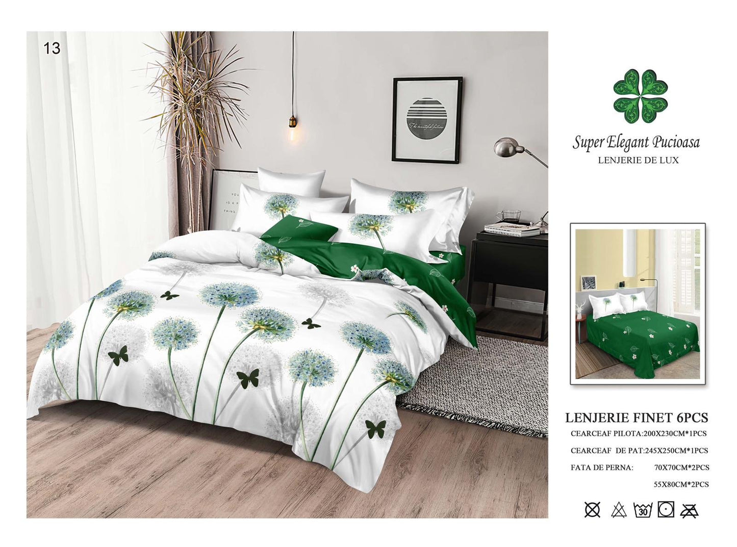 Lenjerie Pat Dublu, Finet, 6 Piese, Alb/Verde/Papadii-P6975