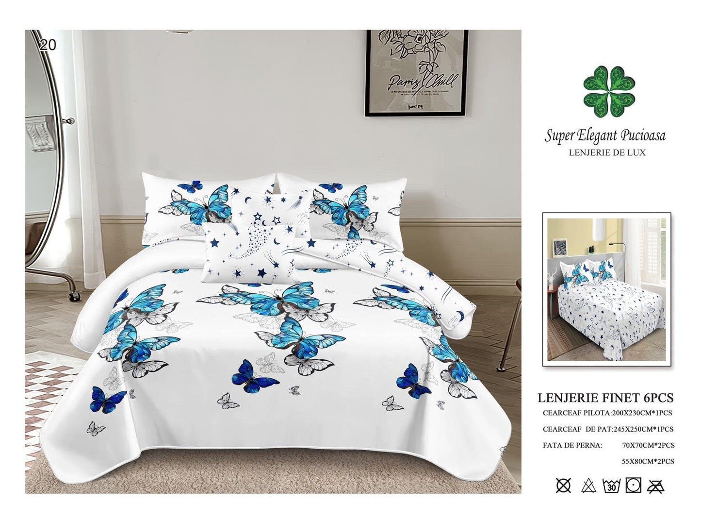 Lenjerie Pat Dublu, Finet, 6 Piese, Alb/Fluturi-P6971