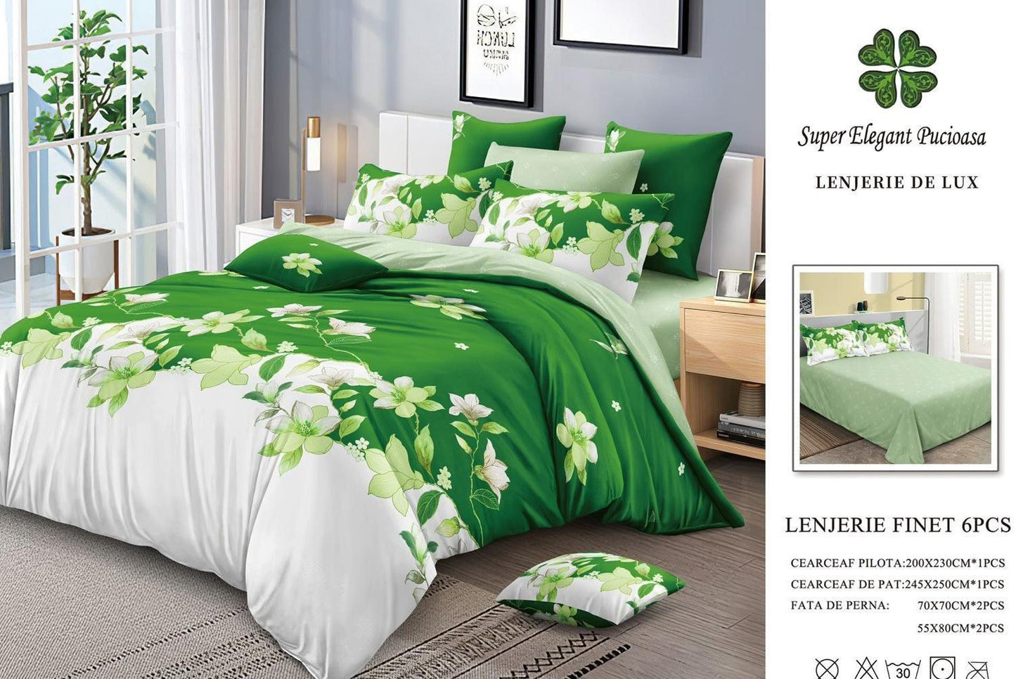 Lenjerie Pat Dublu, Finet, 6 Piese, Alb/Verde/Flori-P7120