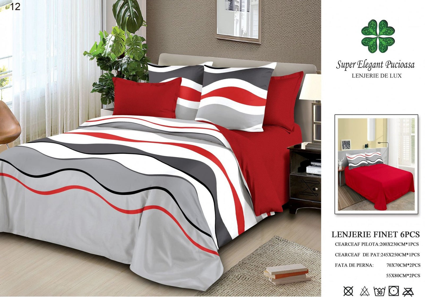 Lenjerie Pat Dublu, Finet, 6 Piese, Rosu/Gri/Alb-P7041