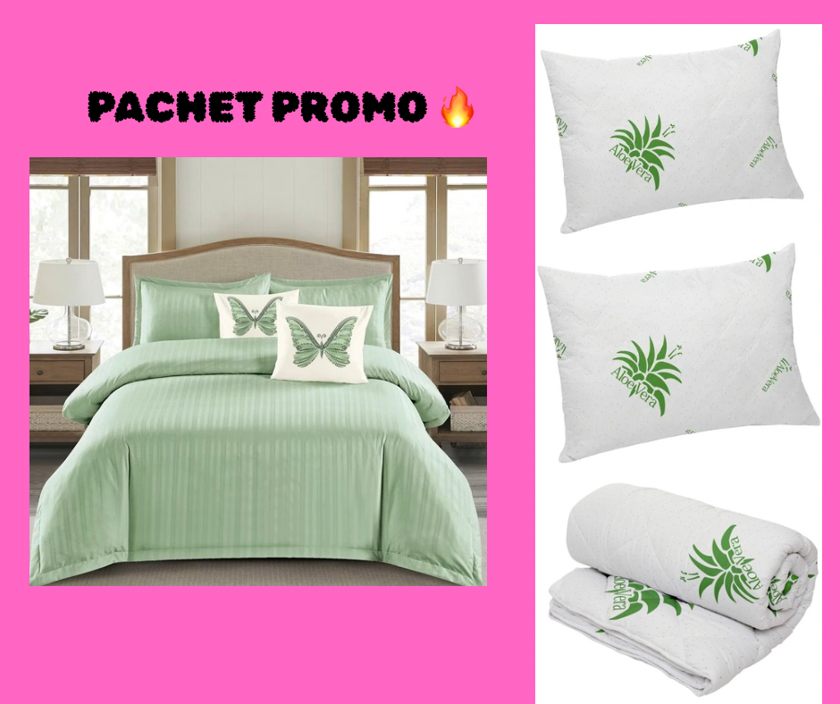 Pachet Promotional Lenjerie Damasc 6 Piese cu Elastic+Pilota Aloe Vera+2 Perne Aloe Vera-PP8144