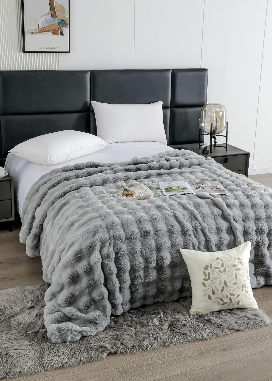 Patura Cocolino Pufoasa, cu Fermoar, din Blanita Artificiala, 200x230cm, Gri Deschis