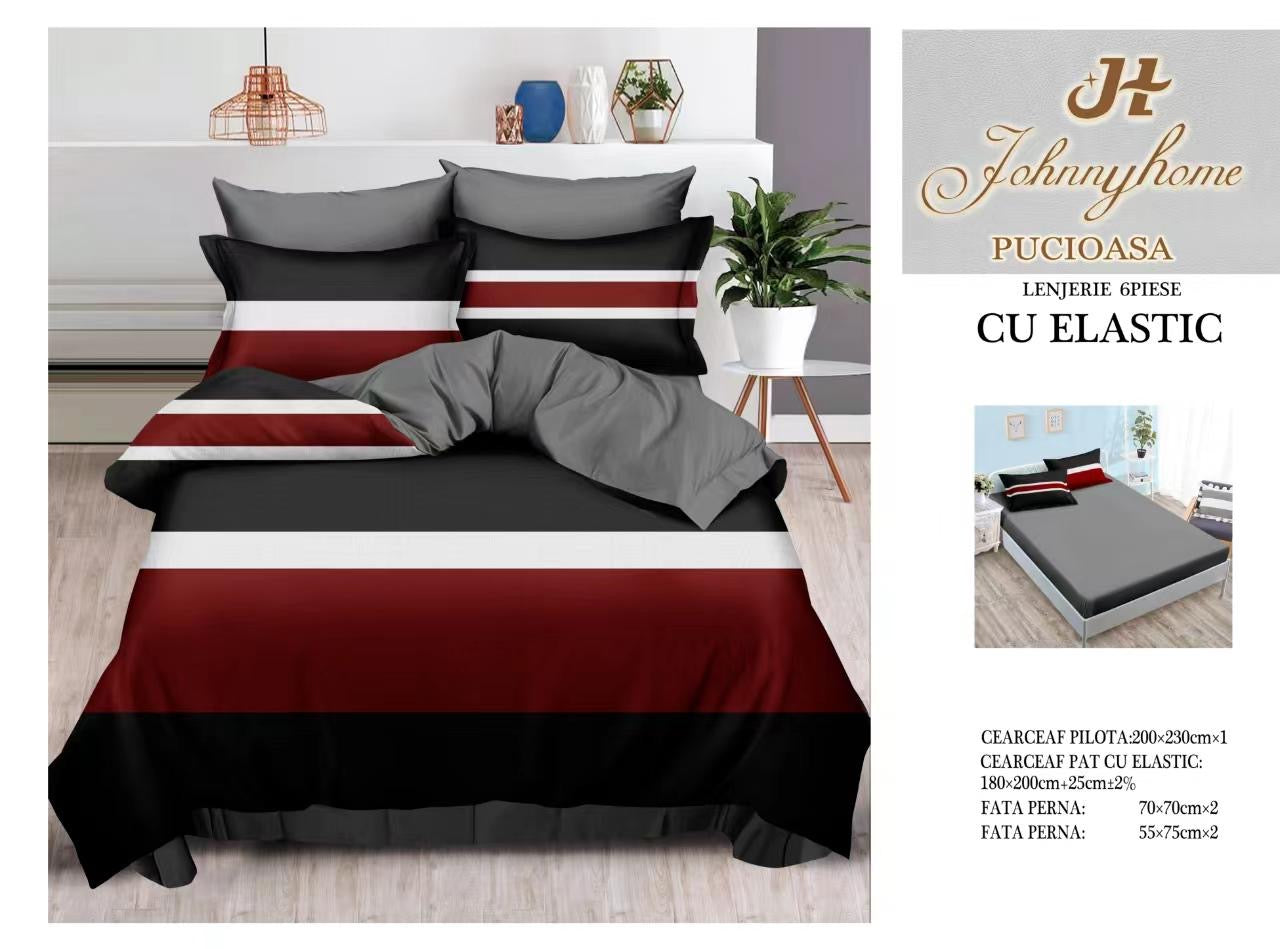 Lenjerie Pat Dublu din Finet, 6 Piese, cu Elastic, Dungi-H9060