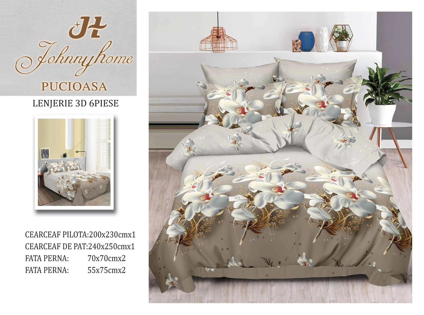 Lenjerie 3D Pat Dublu Bumbac Satinat cu 6 Piese, Flori-H8821