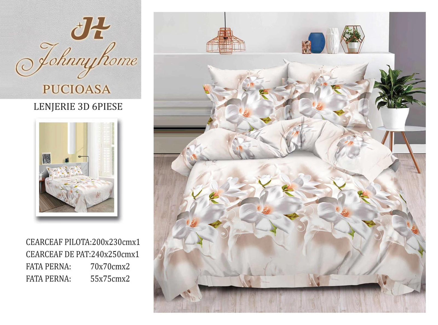 Lenjerie 3D Pat Dublu Bumbac Satinat cu 6 Piese, Crini-H8842