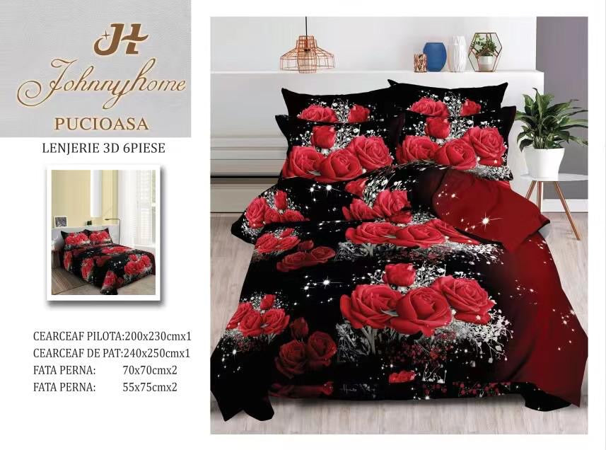 Lenjerie 3D Pat Dublu Bumbac Satinat cu 6 Piese, Trandafiri-H8841
