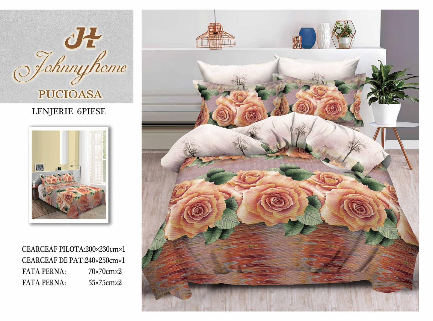 Lenjerie 3D Pat Dublu Bumbac Satinat cu 6 Piese, Flori-H8824