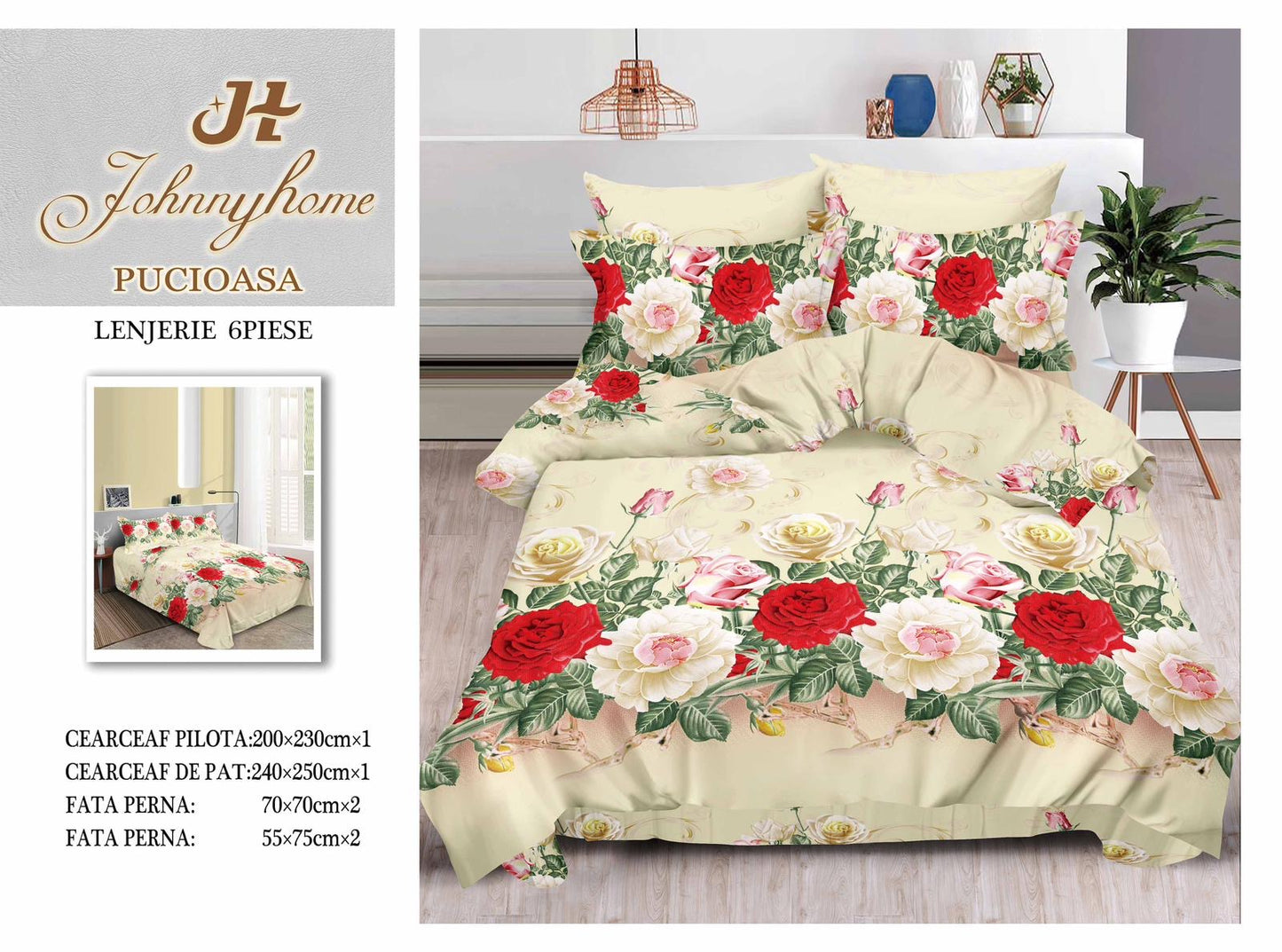 Lenjerie 3D Pat Dublu Bumbac Satinat cu 6 Piese, Flori-H8834