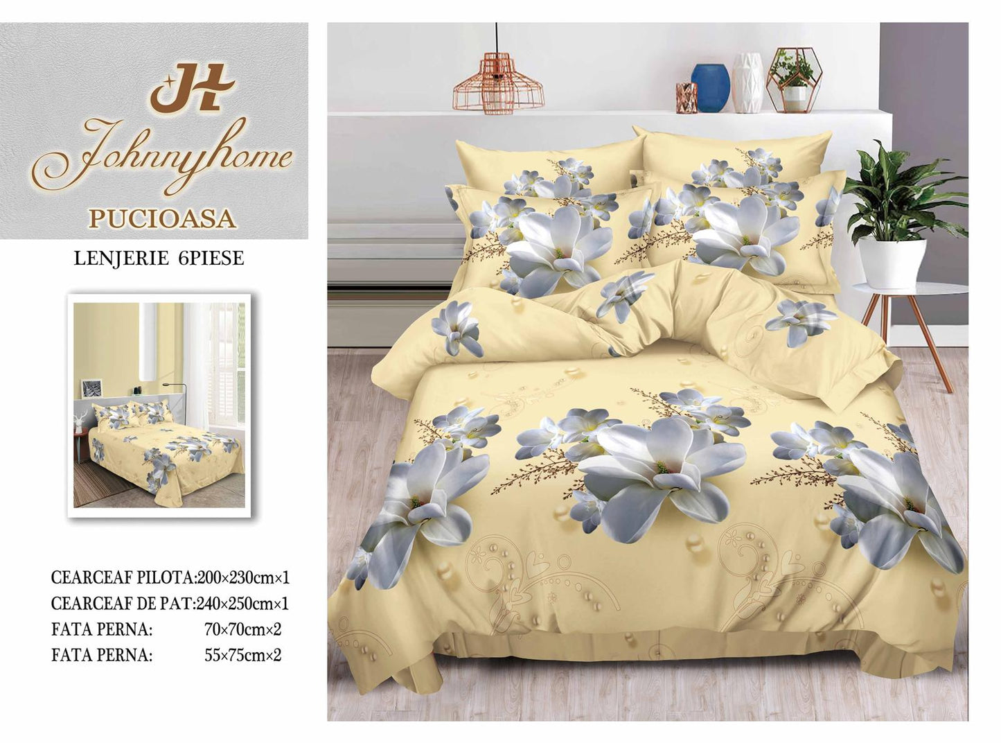 Lenjerie 3D Pat Dublu Bumbac Satinat cu 6 Piese, Flori-H8837