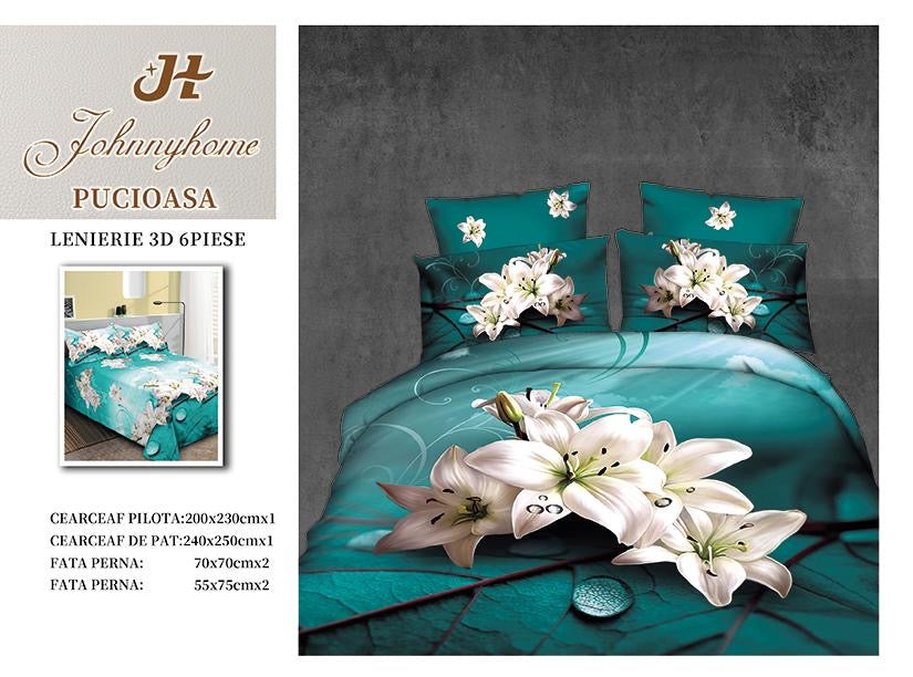 Lenjerie 3D Pat Dublu Bumbac Satinat cu 6 Piese, Flori-H8838