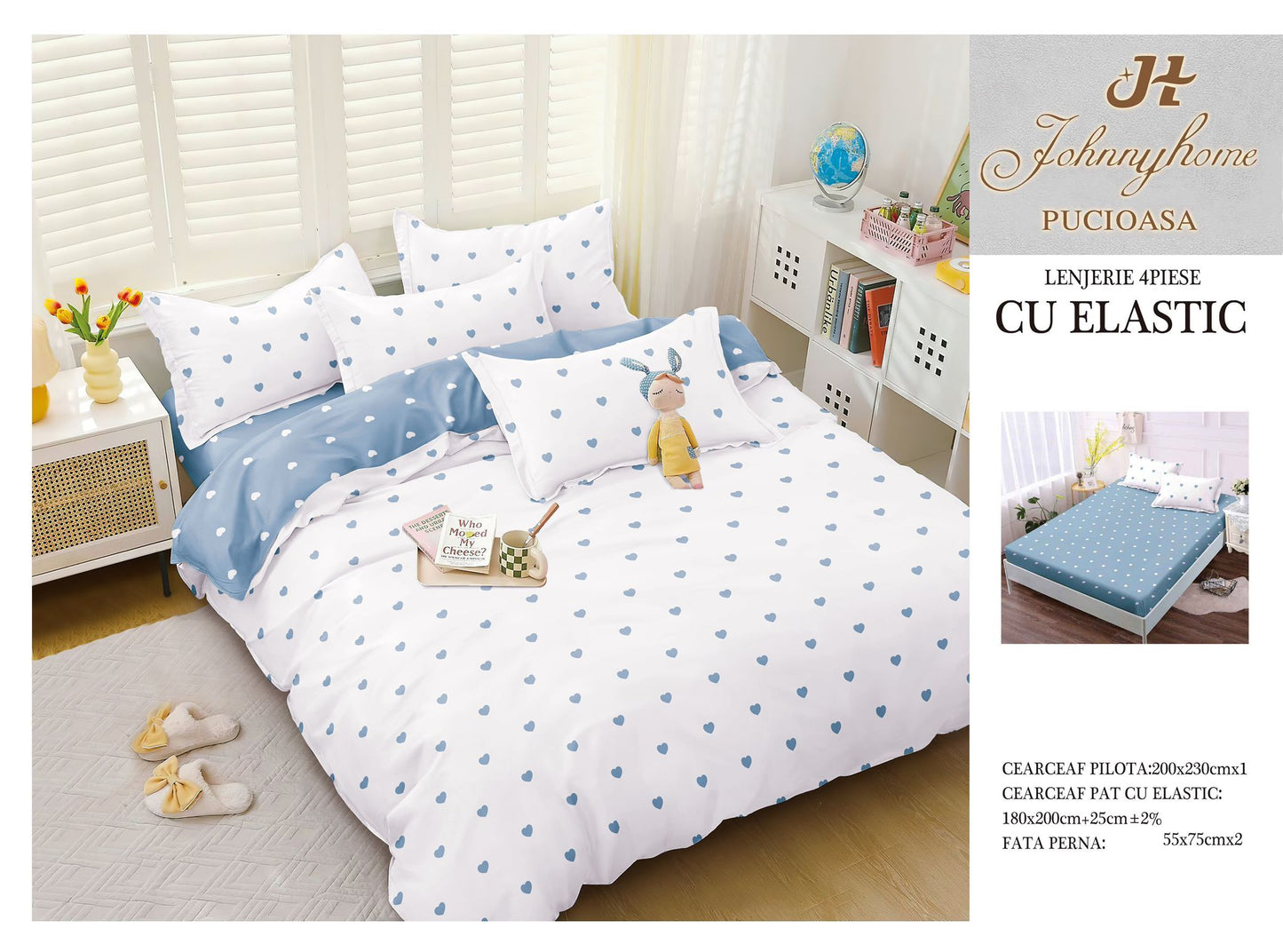 Lenjerie Pat Dublu cu Elastic din Bumbac Satinat Superior cu 4 Piese, Inimioare-H8683