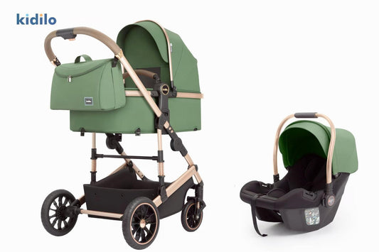 Carucior 3 in 1, cu Suspensii, Geanta Termica Pentru Accesorii si Salteluta, Landou reversibil, Cadru aluminiu, Verde