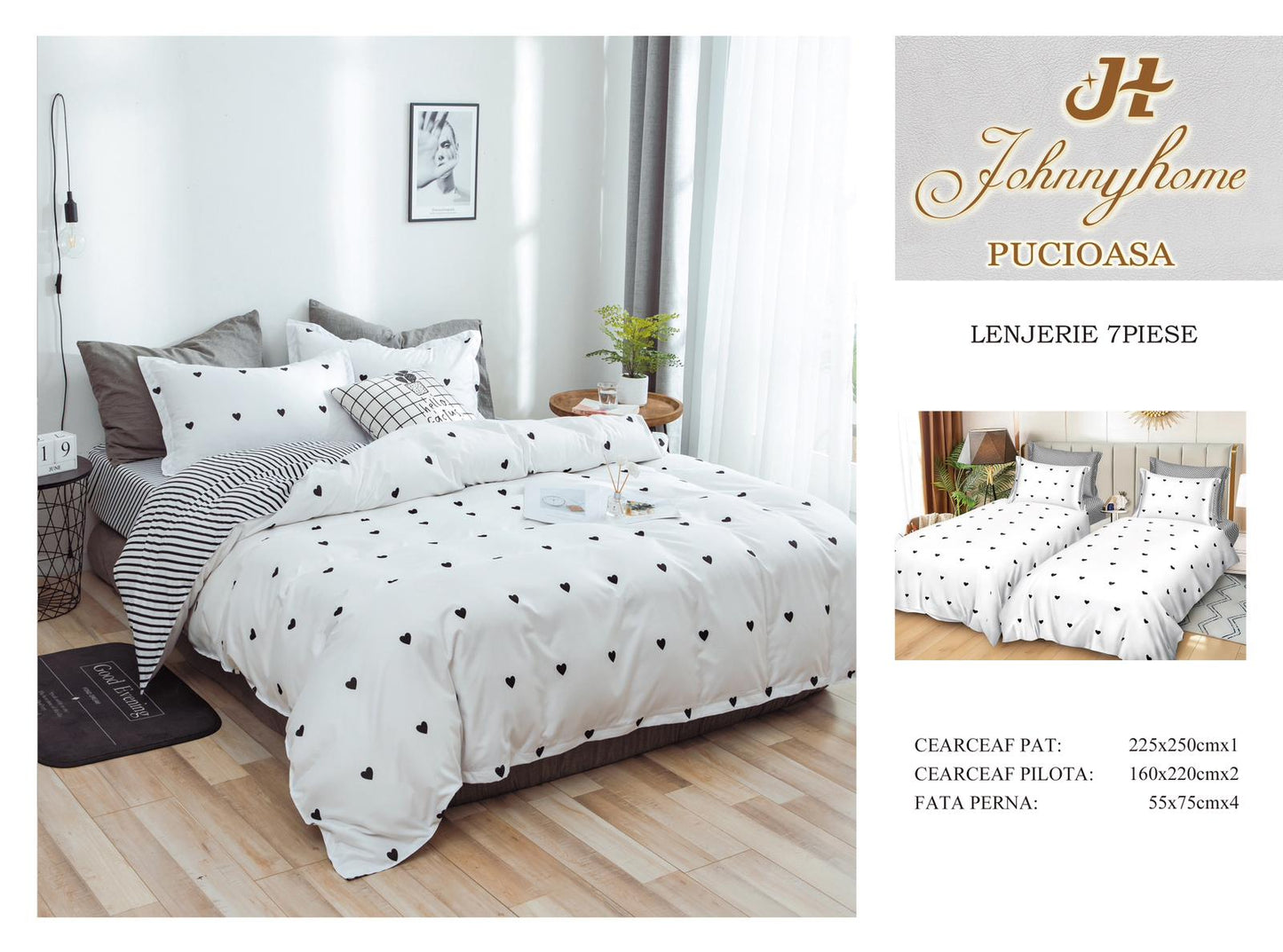 Lenjerie Pat Dublu Bumbac Satinat 7 Piese, cu 2 Cearceafuri de pilota, Inimi-H8796