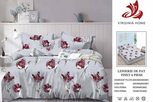 Lenjerie Pat Dublu din Finet, 6 Piese, cu Elastic, Flori-V8919
