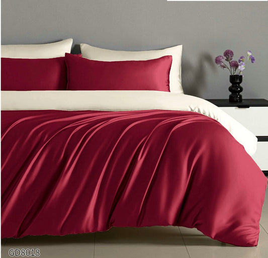 Lenjerie Pat Dublu din Satin, 4 Piese, cu Elastic, Grena/Crem-P8788